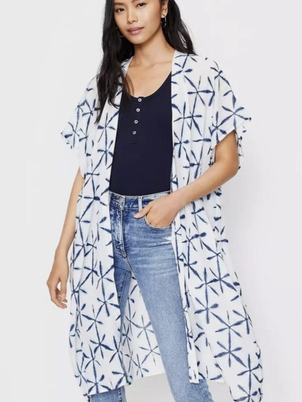 EUC Ann Taylor LOFT "Blue💙 & White🤍 Shibori-Style Floral Print Kimono" Sz XS/S